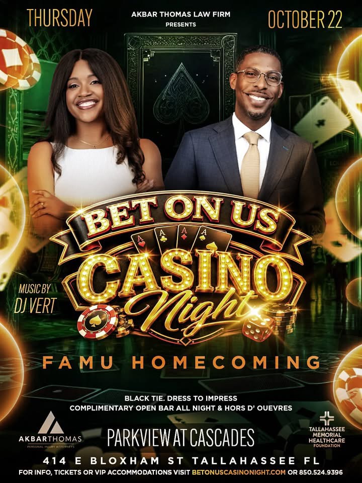 Official event graphic for Akbar Thomas Law Firm Presents BET ON US: Casino Night